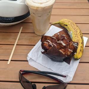 Cold brew, Cinnamon Pull Apart Roll, and a banana.  What more could a cyclist ask for?
